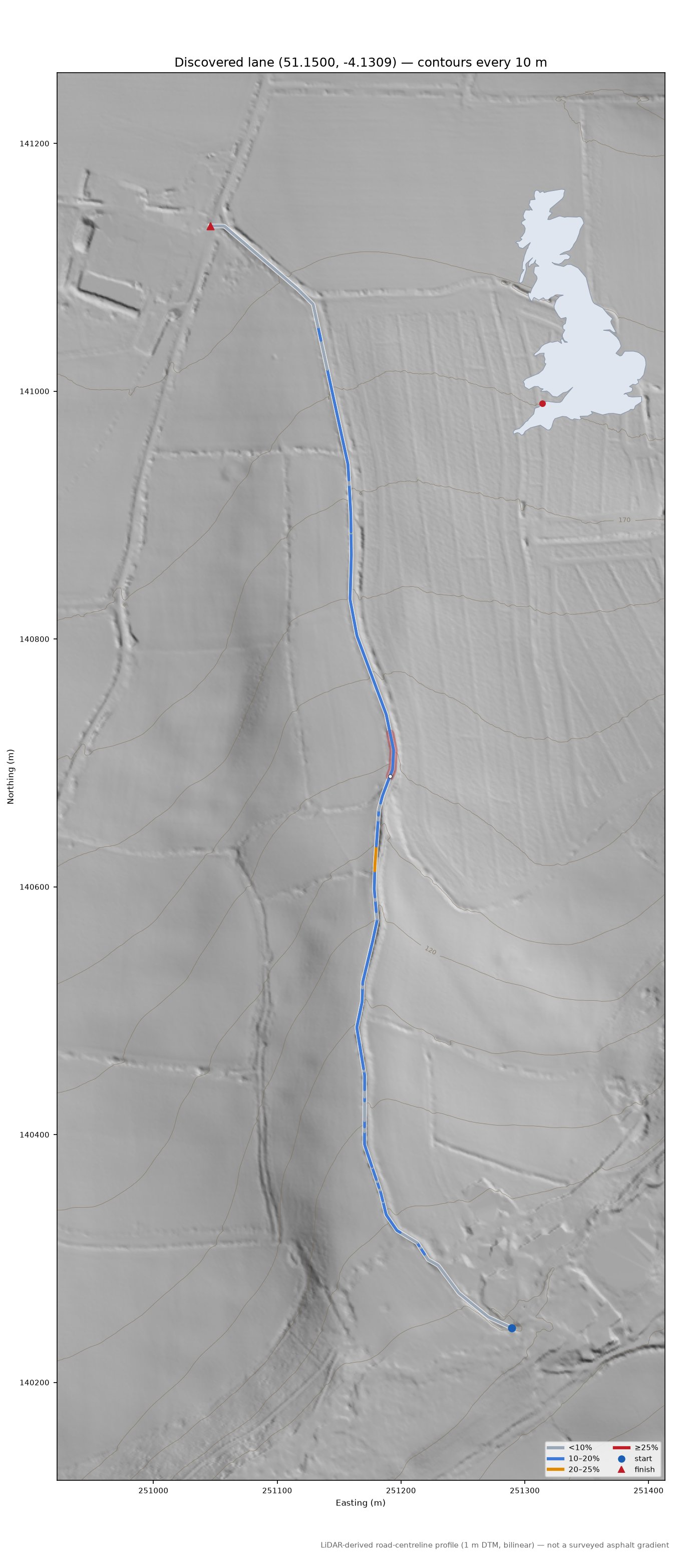 Discovered lane (51.1500, -4.1309) LiDAR hillshade map with contours