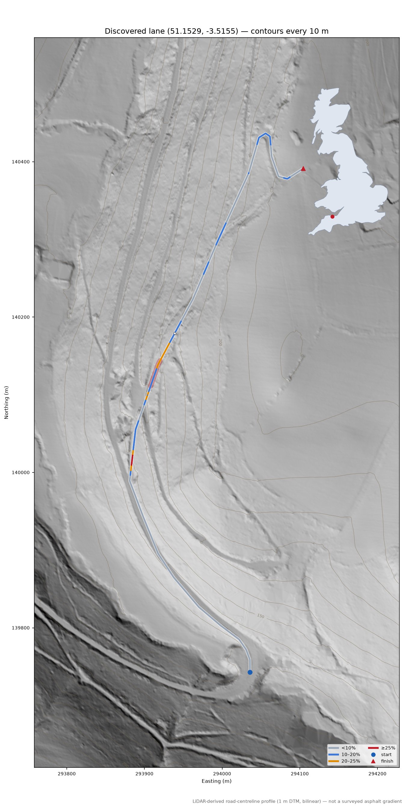 Discovered lane (51.1529, -3.5155) LiDAR hillshade map with contours