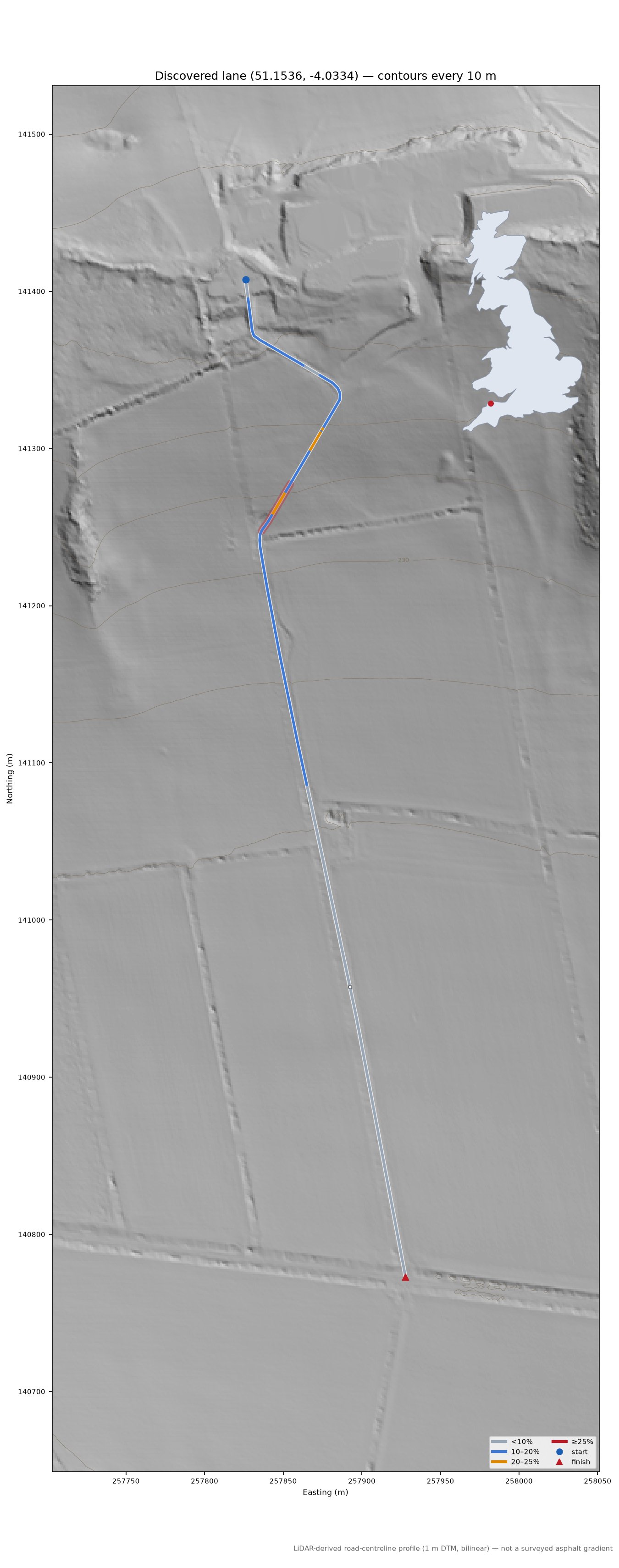Discovered lane (51.1536, -4.0334) LiDAR hillshade map with contours