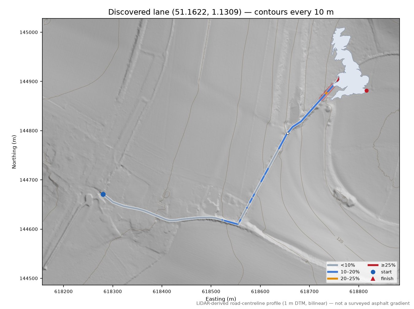 Discovered lane (51.1622, 1.1309) LiDAR hillshade map with contours