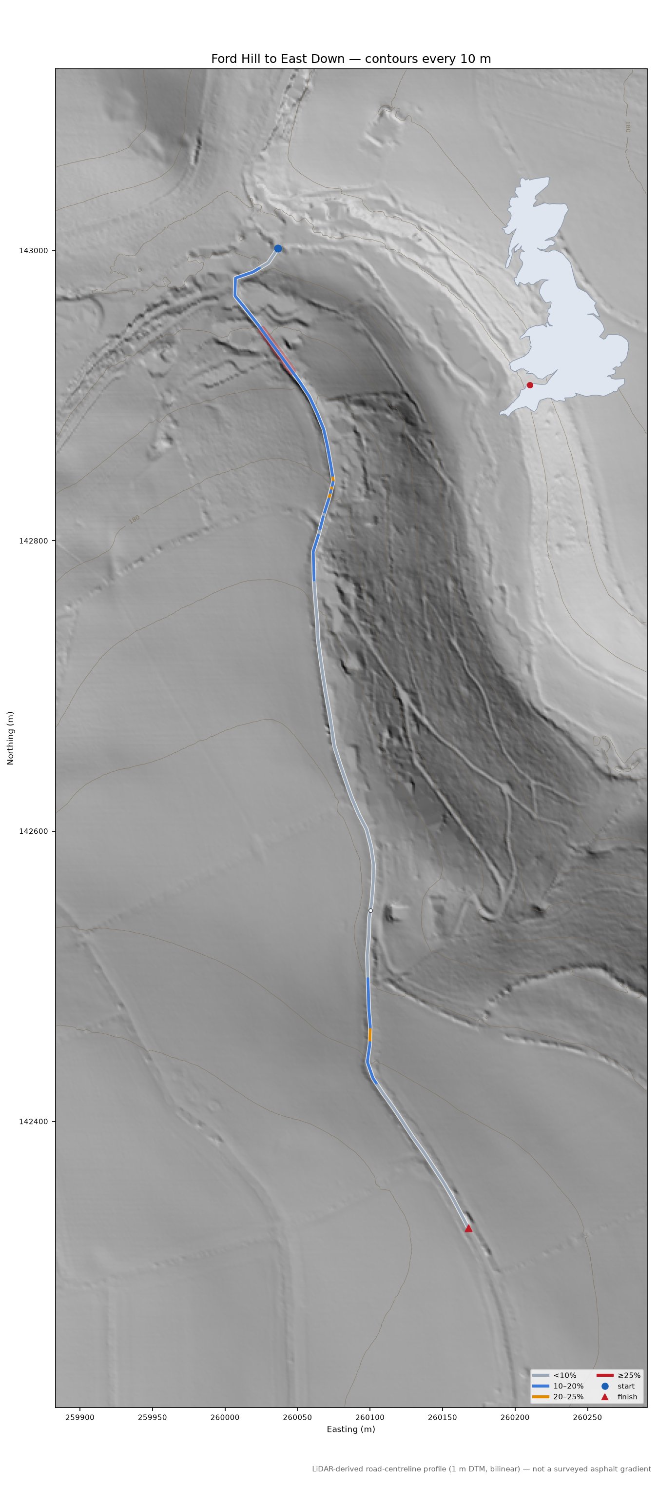Ford Hill to East Down LiDAR hillshade map with contours