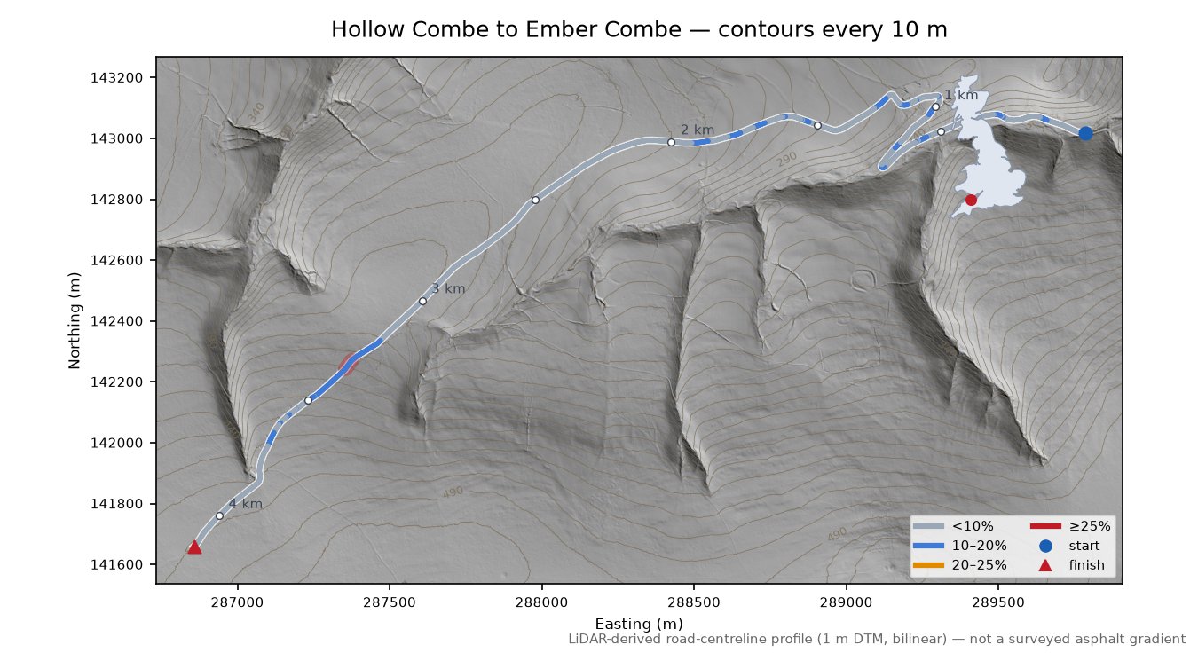 Hollow Combe to Ember Combe LiDAR hillshade map with contours