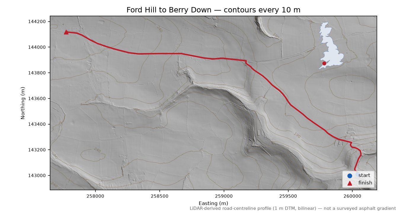 Ford Hill to Berry Down LiDAR hillshade map with contours