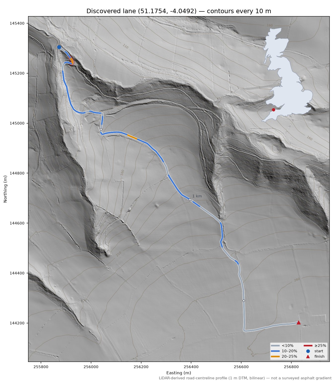 Discovered lane (51.1754, -4.0492) LiDAR hillshade map with contours