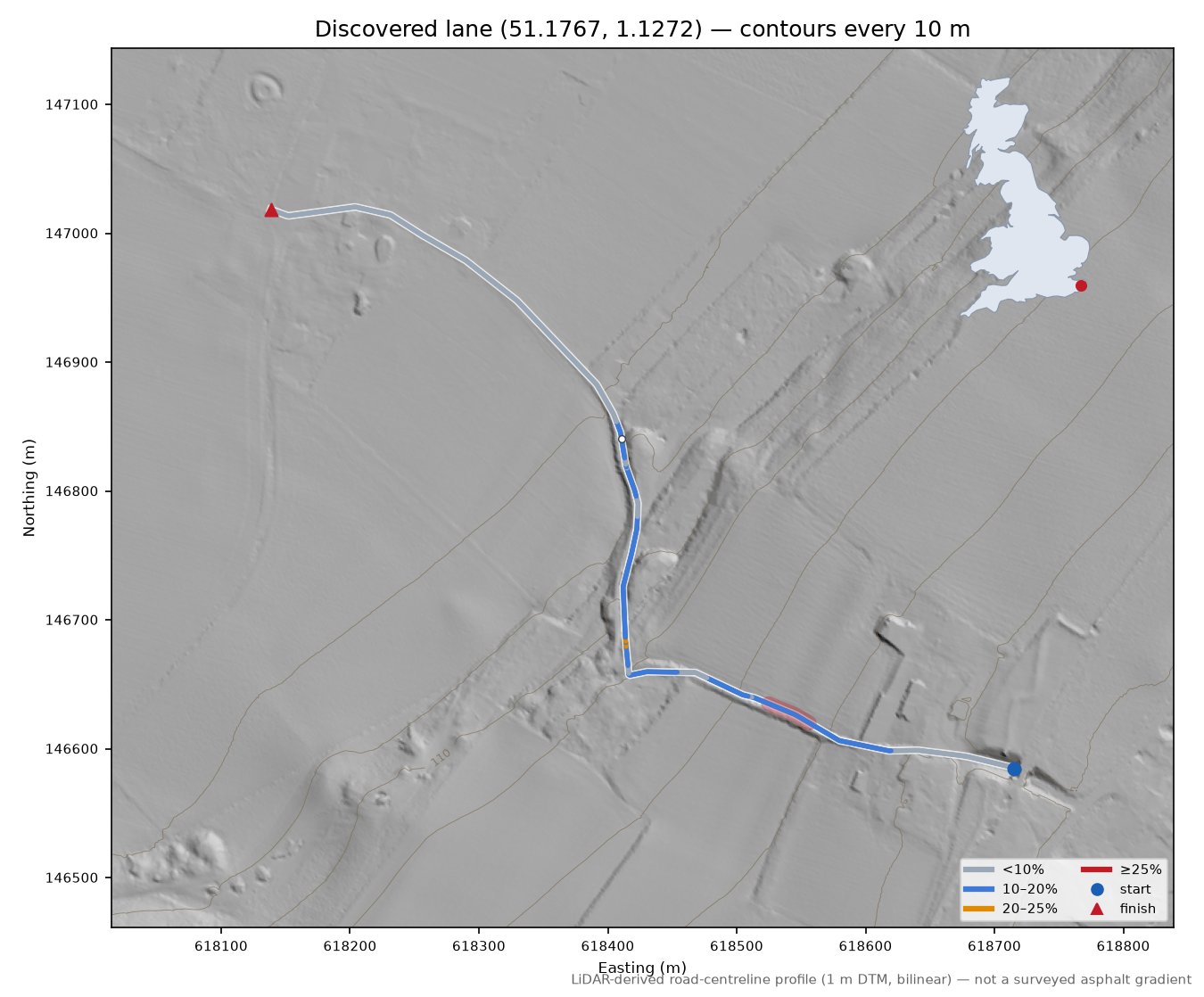 Discovered lane (51.1767, 1.1272) LiDAR hillshade map with contours