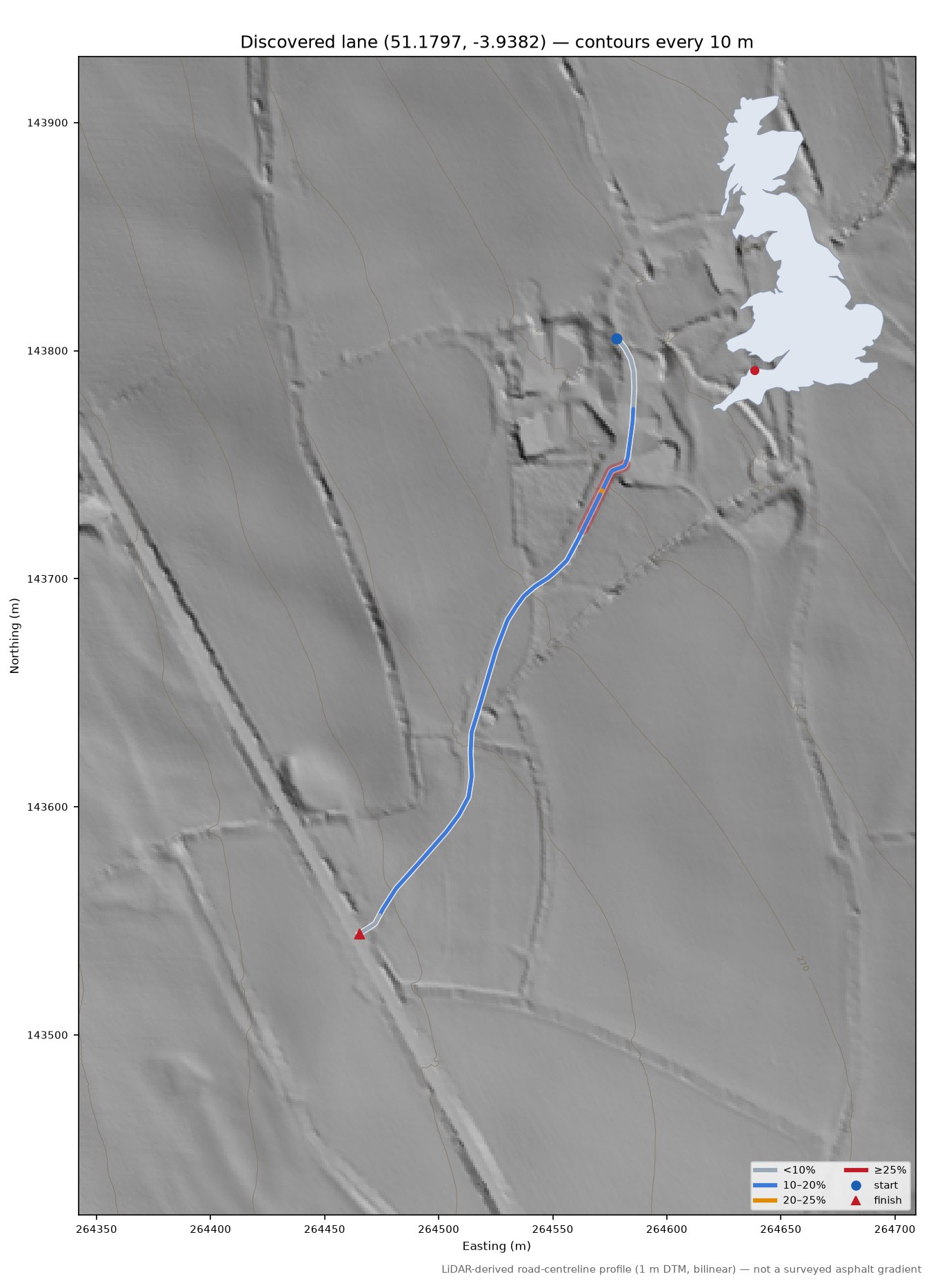 Discovered lane (51.1797, -3.9382) LiDAR hillshade map with contours