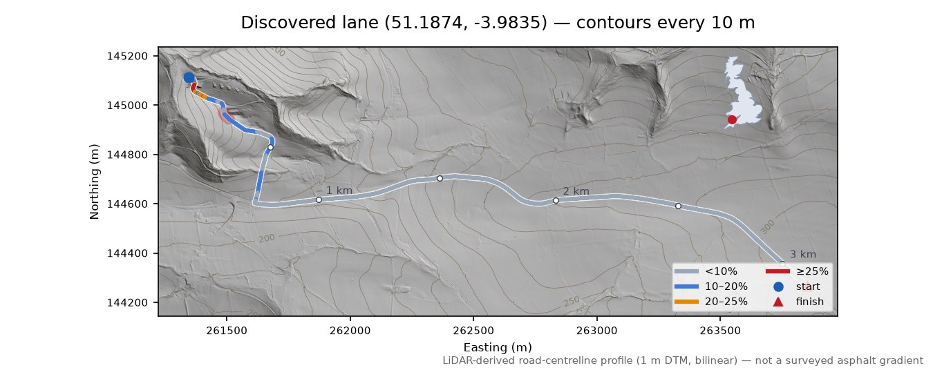 Discovered lane (51.1874, -3.9835) LiDAR hillshade map with contours