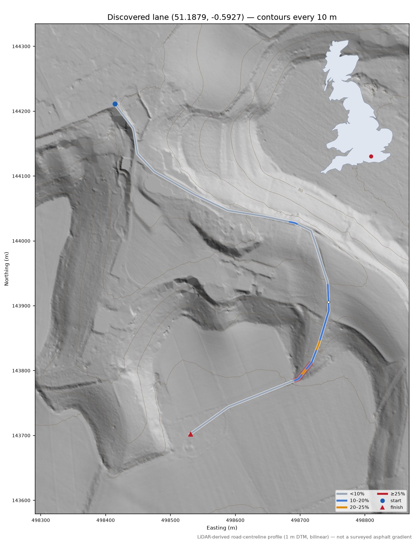 Discovered lane (51.1879, -0.5927) LiDAR hillshade map with contours