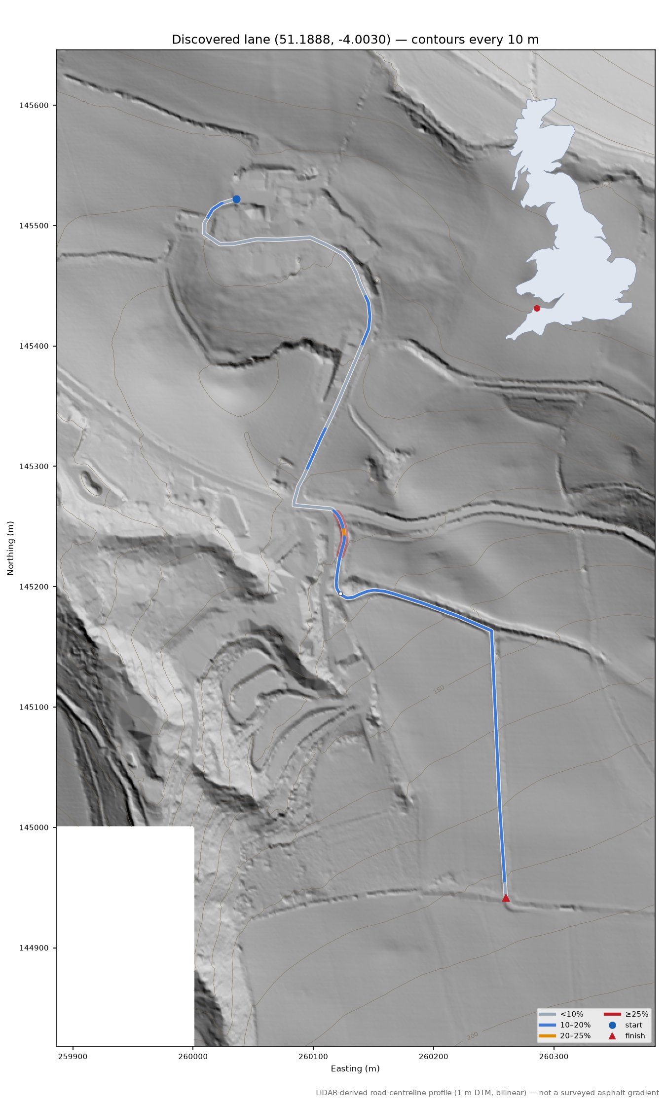 Discovered lane (51.1888, -4.0030) LiDAR hillshade map with contours