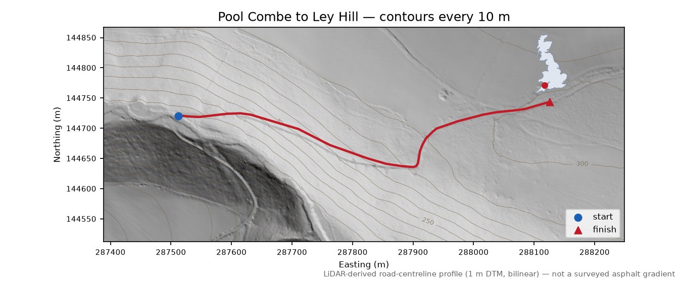 Pool Combe to Ley Hill LiDAR hillshade map with contours