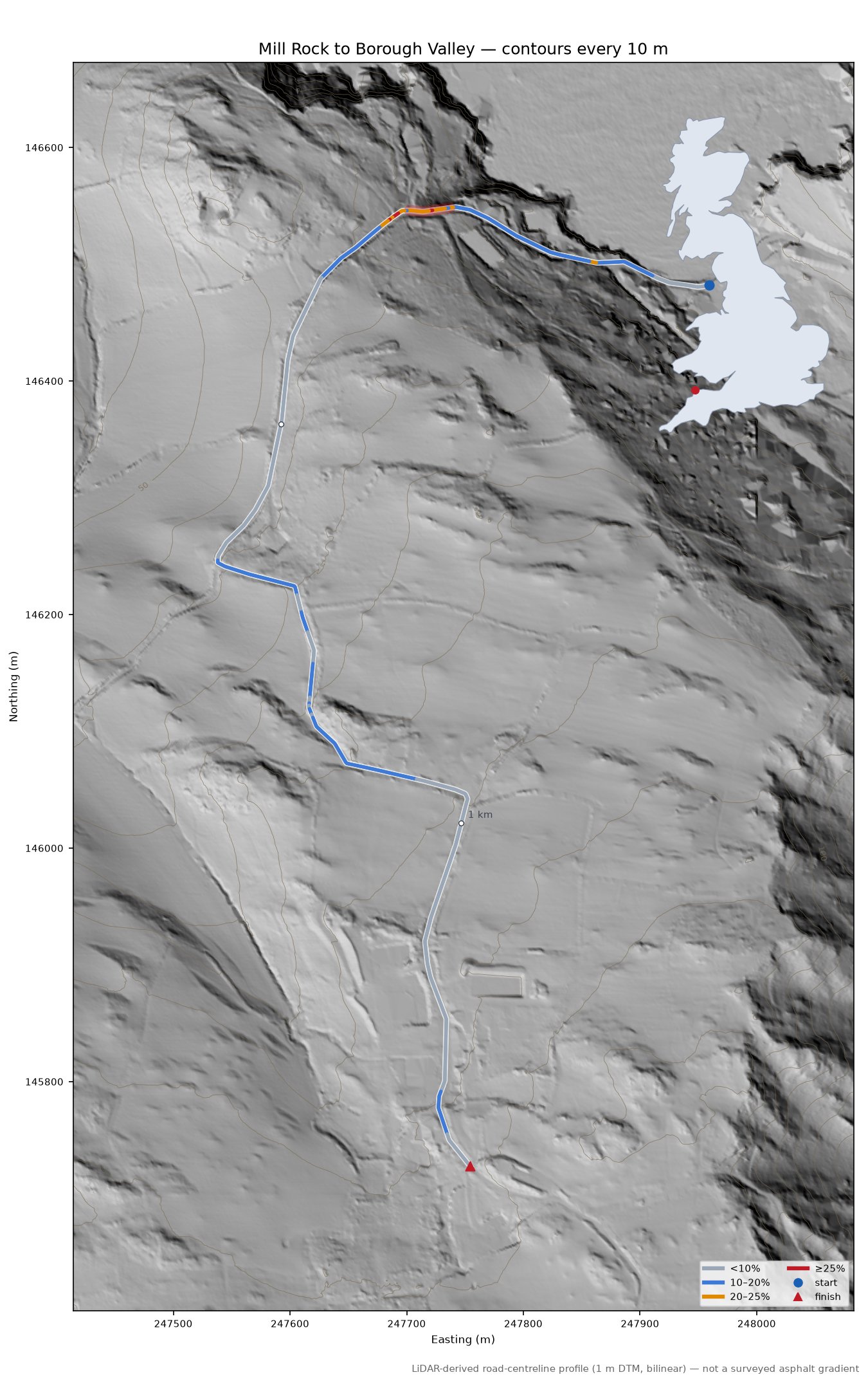Mill Rock to Borough Valley LiDAR hillshade map with contours