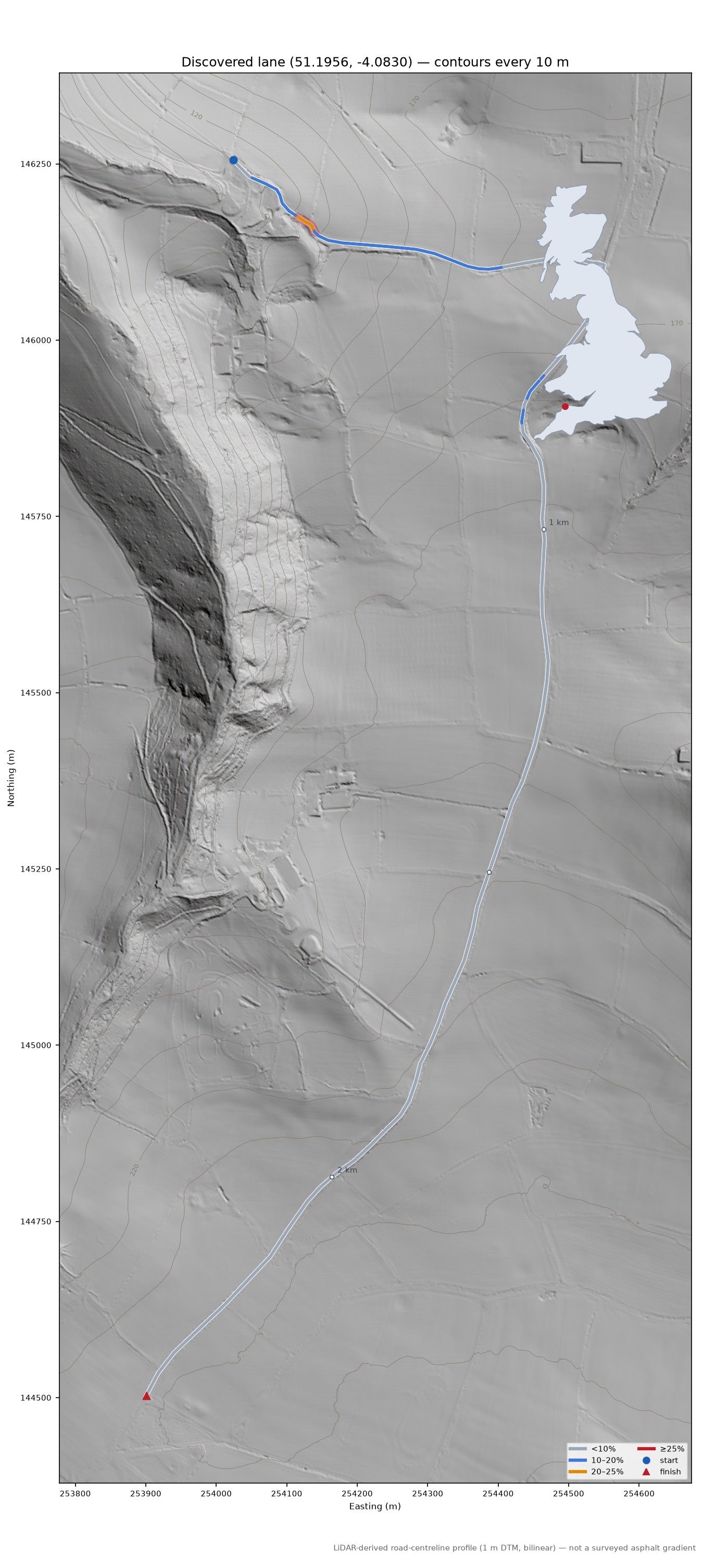 Discovered lane (51.1956, -4.0830) LiDAR hillshade map with contours