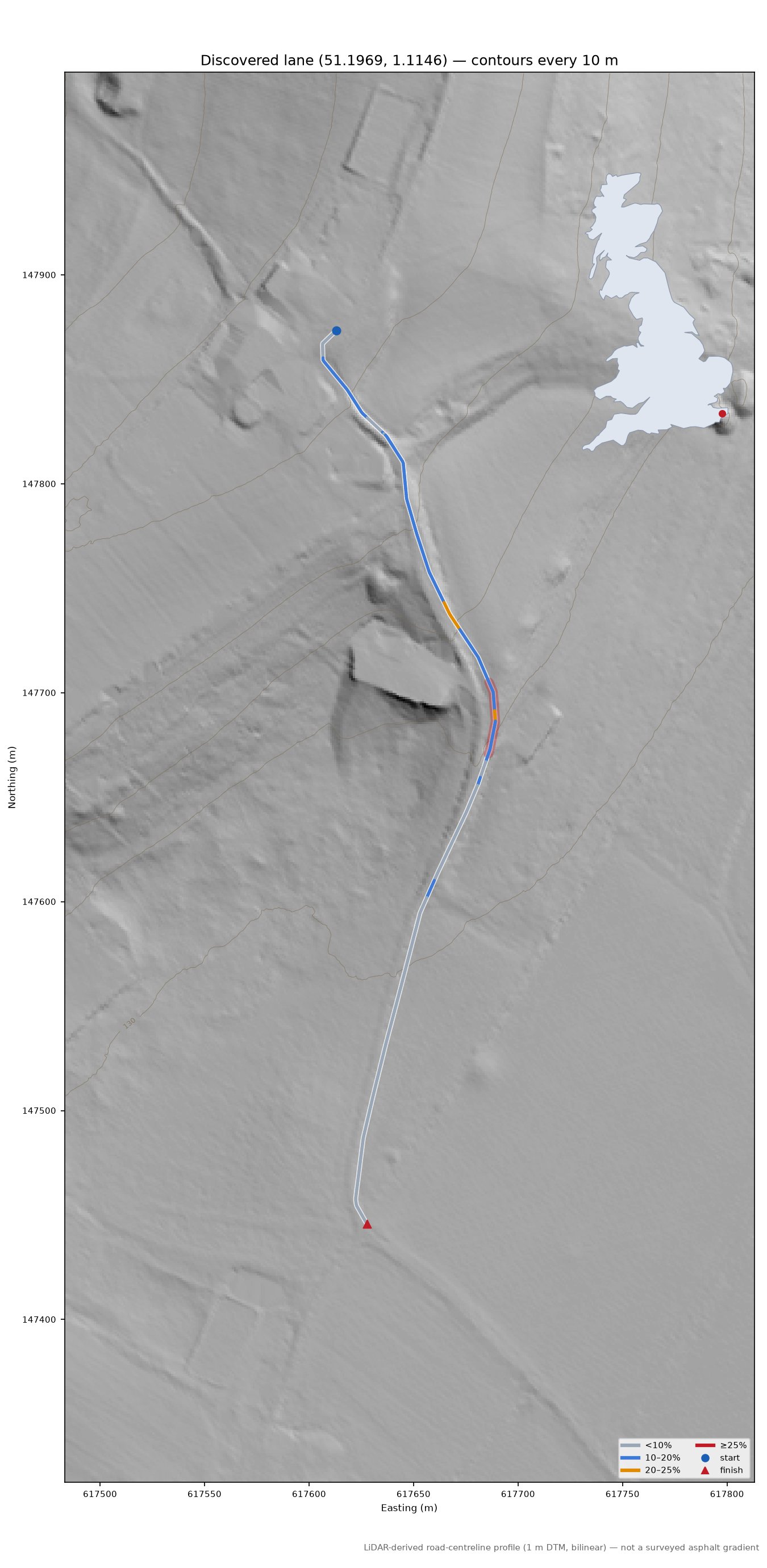 Discovered lane (51.1969, 1.1146) LiDAR hillshade map with contours