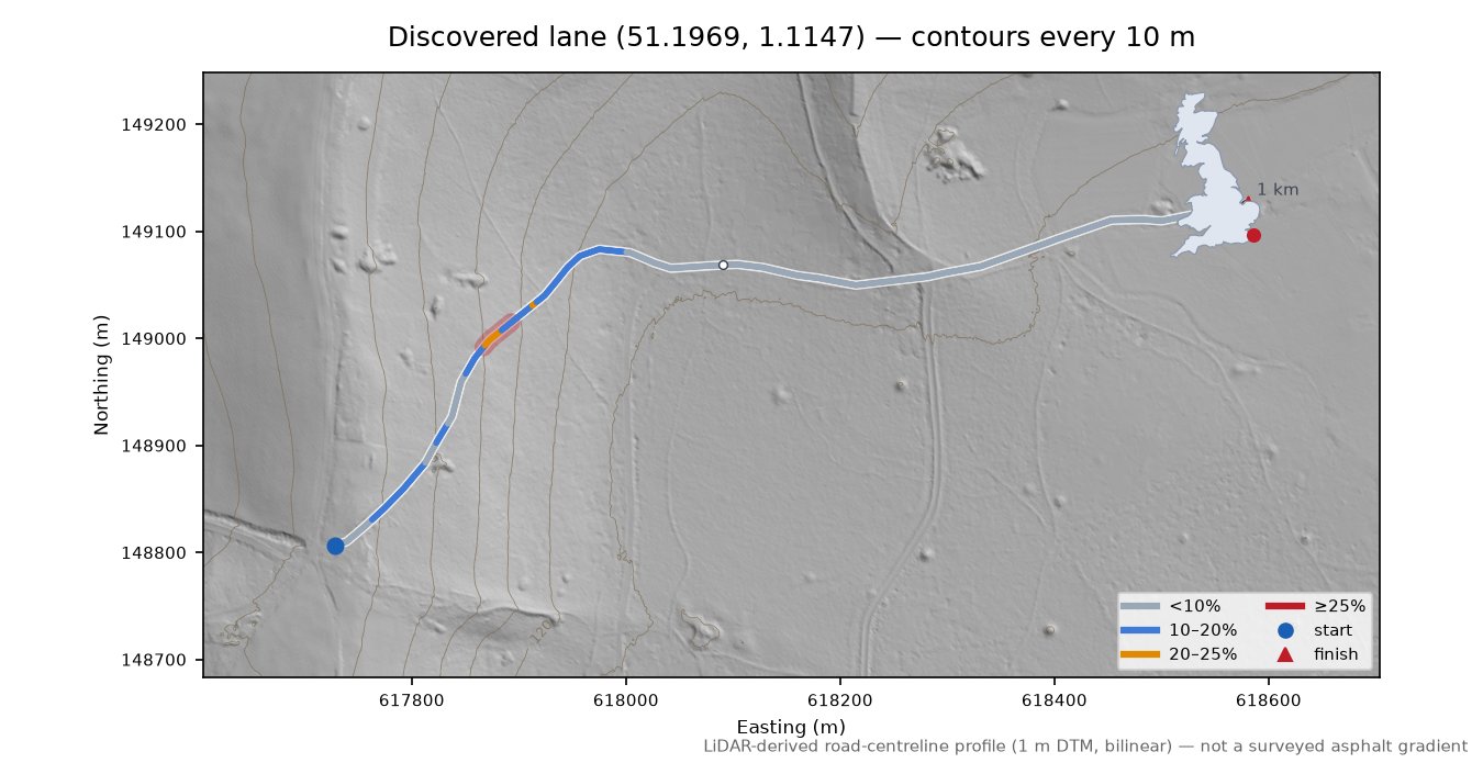 Discovered lane (51.1969, 1.1147) LiDAR hillshade map with contours