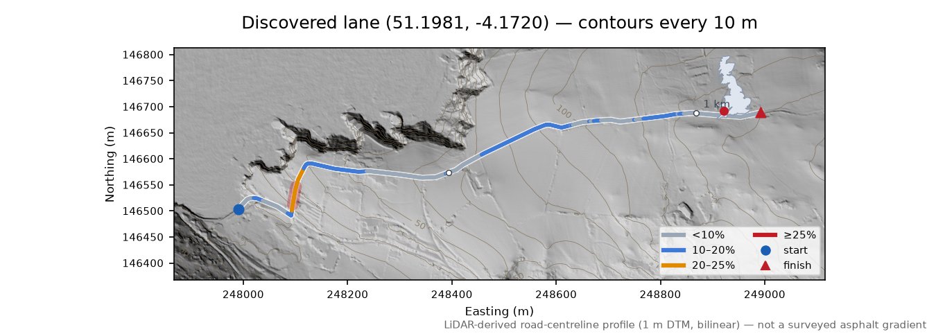 Discovered lane (51.1981, -4.1720) LiDAR hillshade map with contours