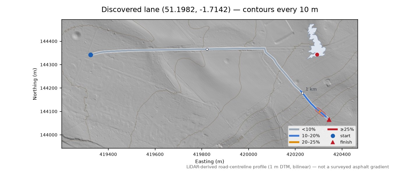 Discovered lane (51.1982, -1.7142) LiDAR hillshade map with contours