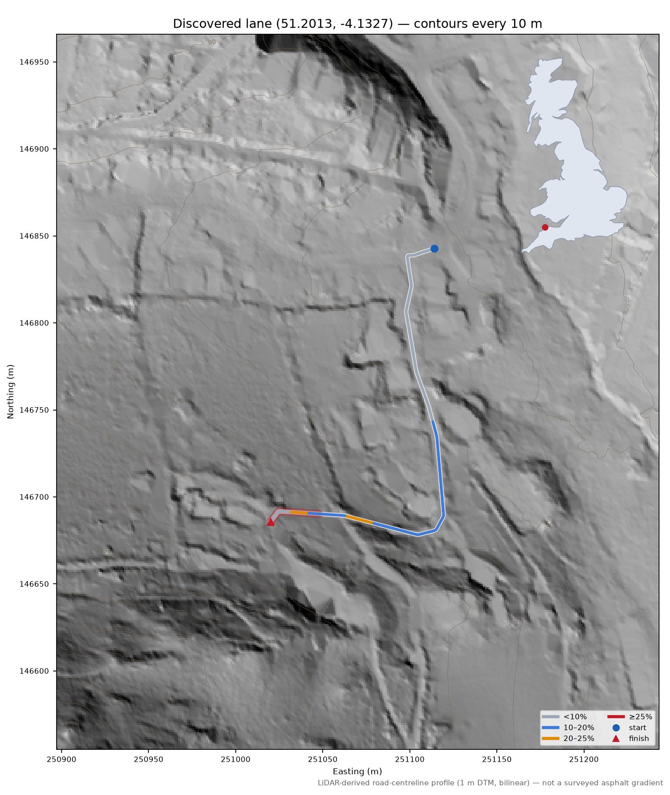 Discovered lane (51.2013, -4.1327) LiDAR hillshade map with contours