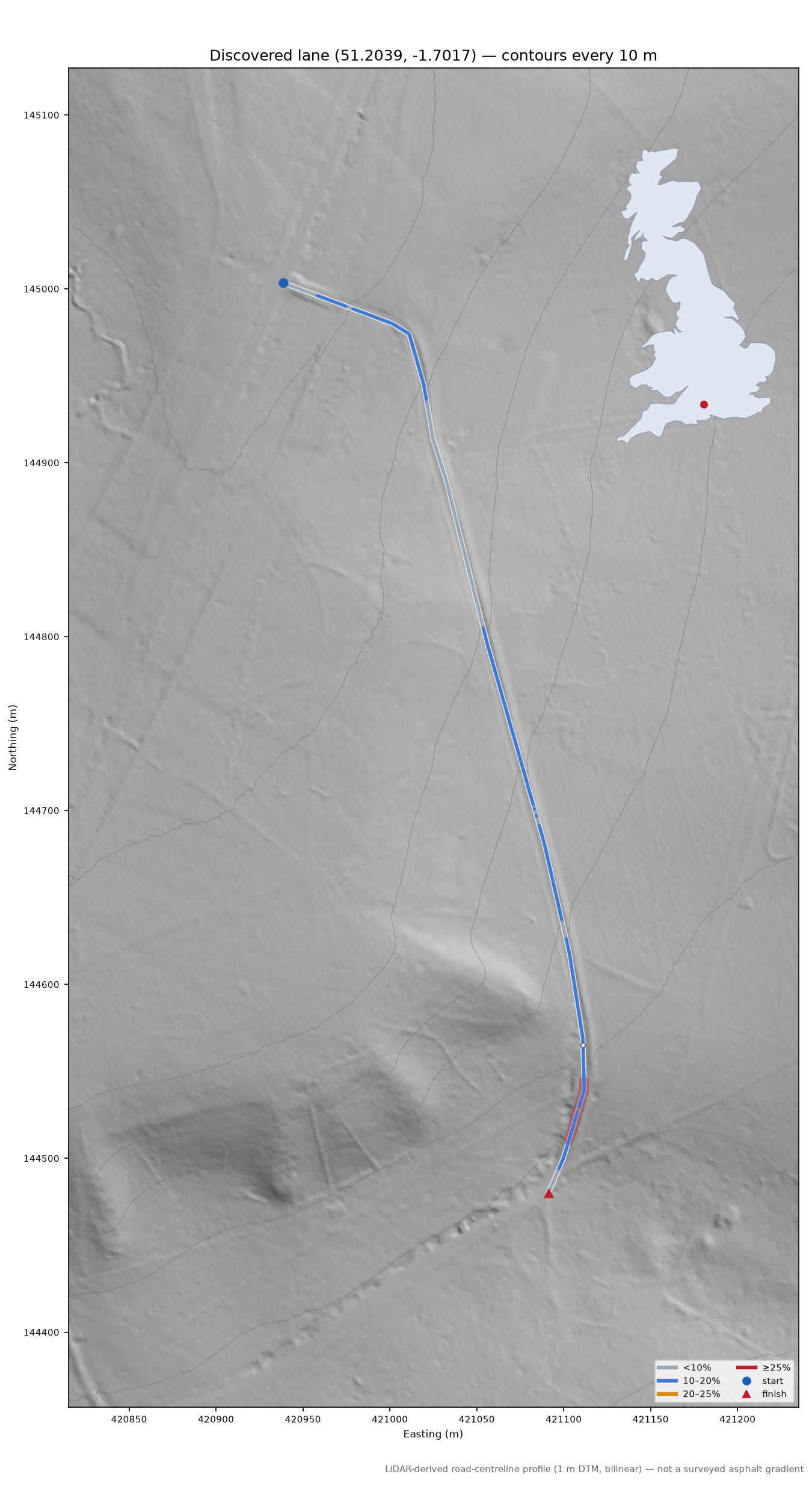 Discovered lane (51.2039, -1.7017) LiDAR hillshade map with contours