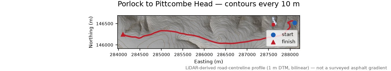 Porlock Hill LiDAR hillshade map with contours