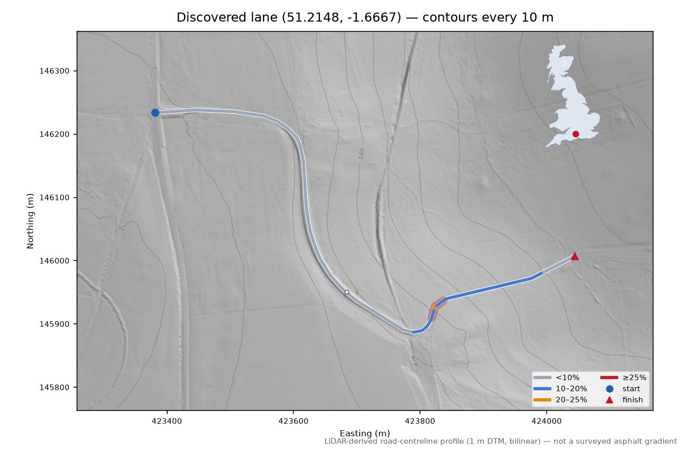 Discovered lane (51.2148, -1.6667) LiDAR hillshade map with contours