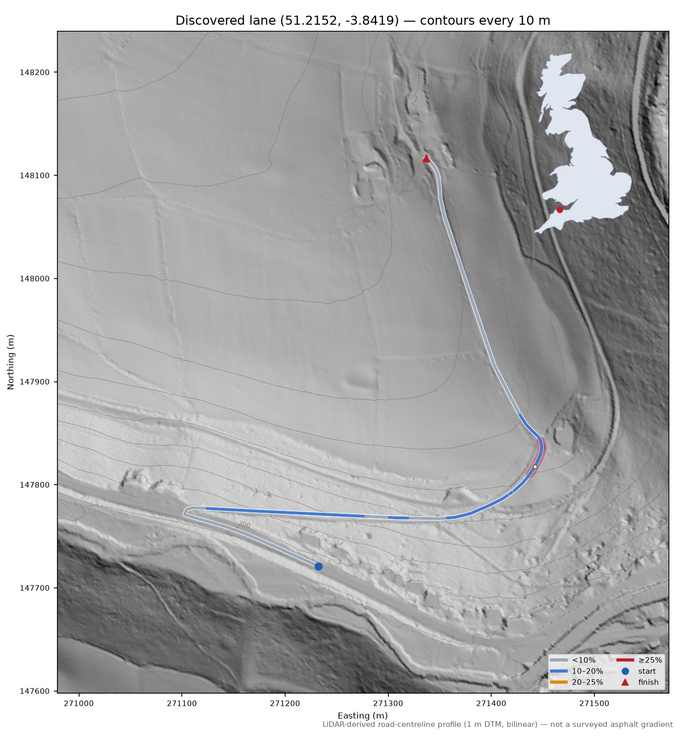 Discovered lane (51.2152, -3.8419) LiDAR hillshade map with contours