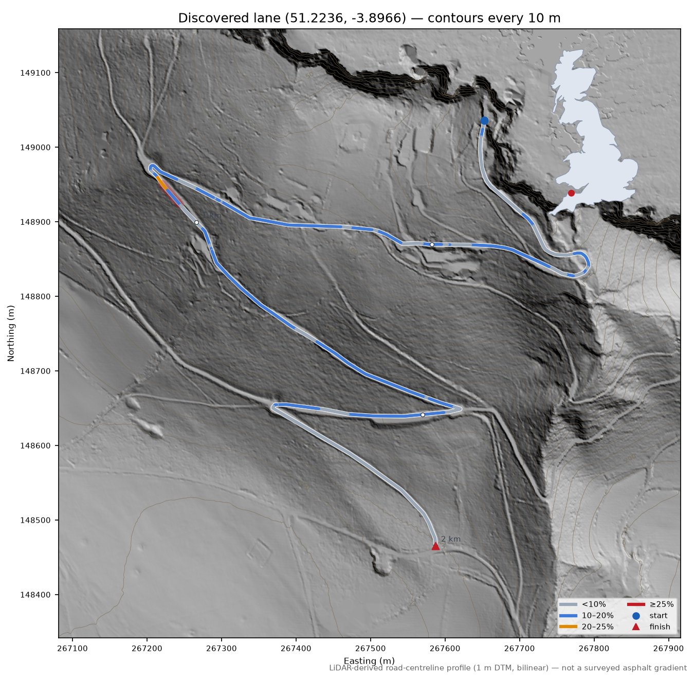 Discovered lane (51.2236, -3.8966) LiDAR hillshade map with contours