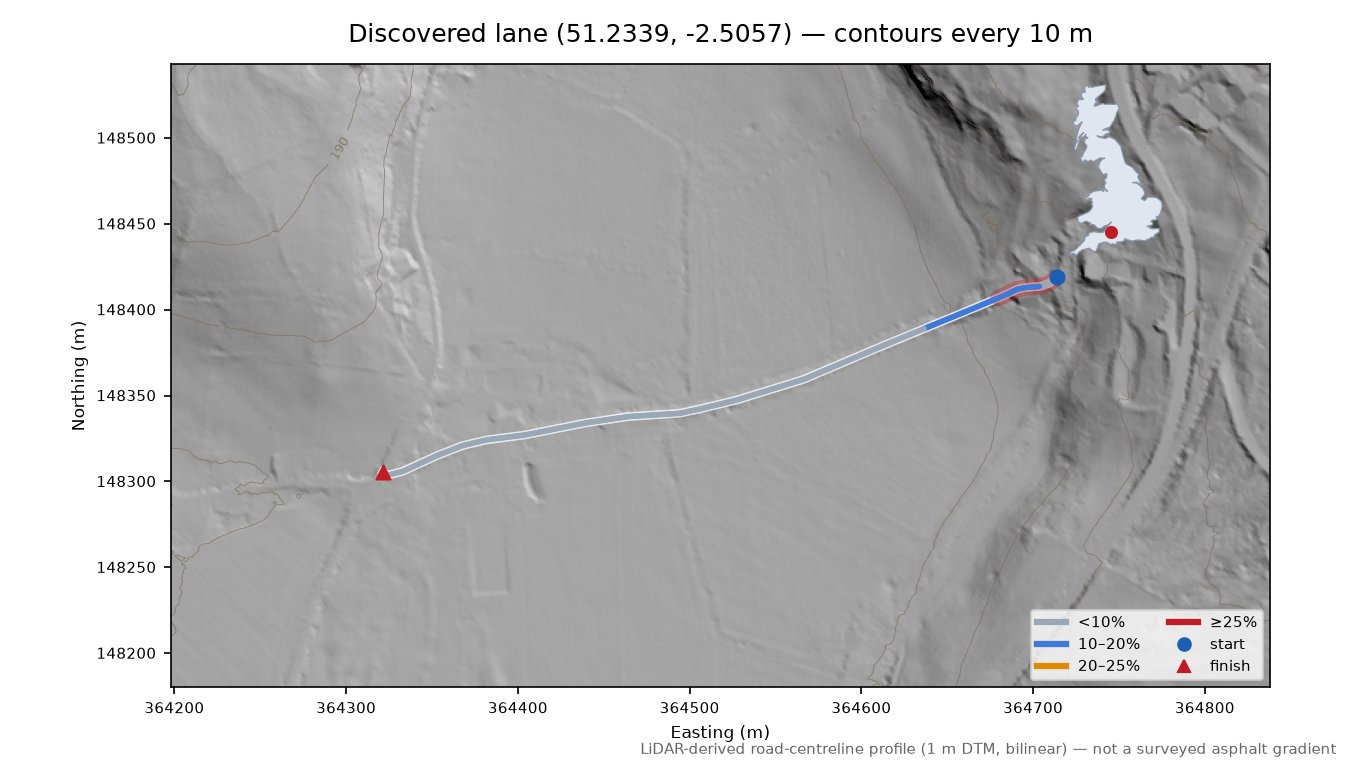 Discovered lane (51.2339, -2.5057) LiDAR hillshade map with contours