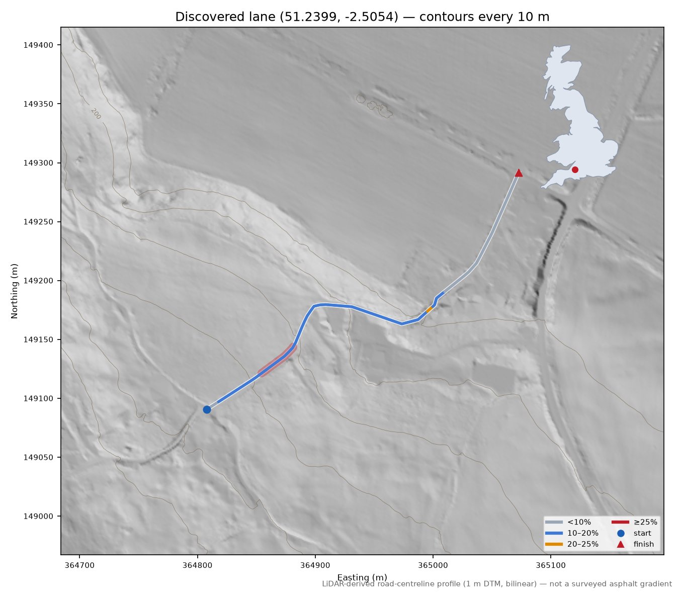 Discovered lane (51.2399, -2.5054) LiDAR hillshade map with contours