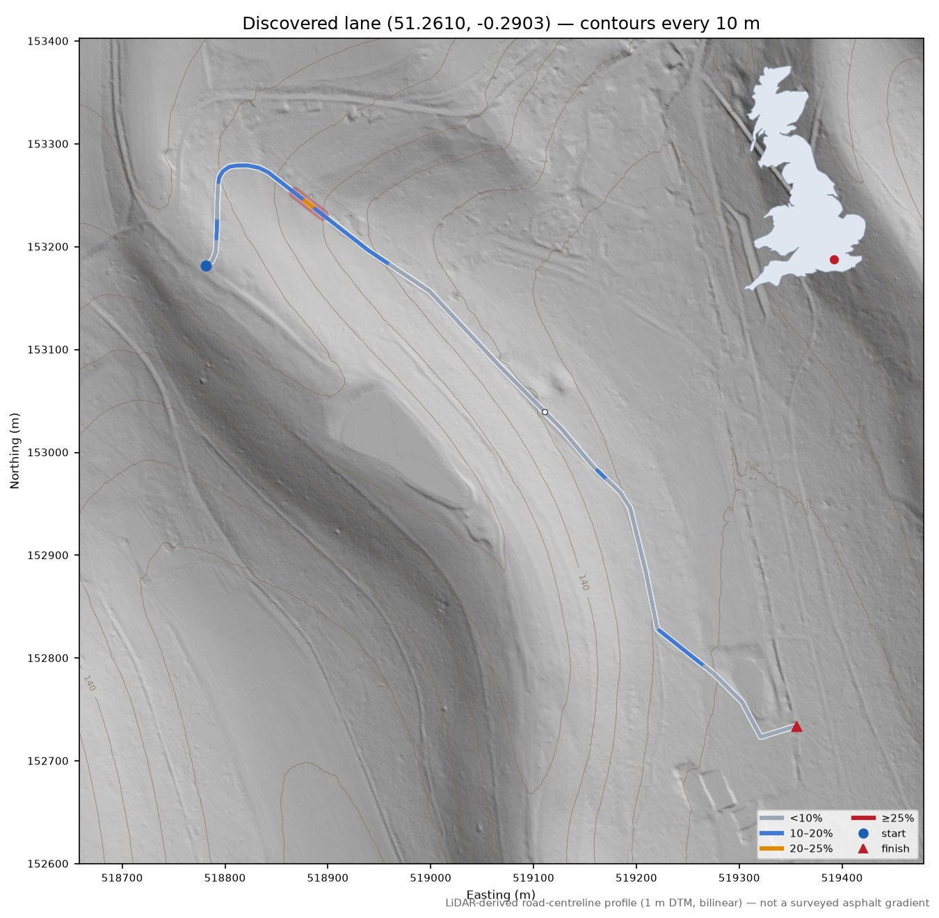 Discovered lane (51.2610, -0.2903) LiDAR hillshade map with contours