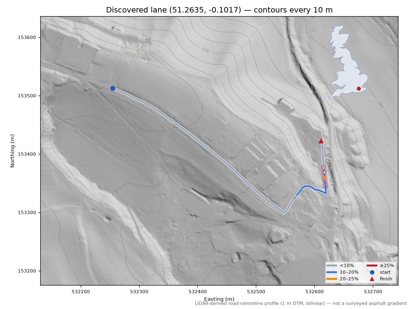 Discovered lane (51.2635, -0.1017) LiDAR hillshade map with contours