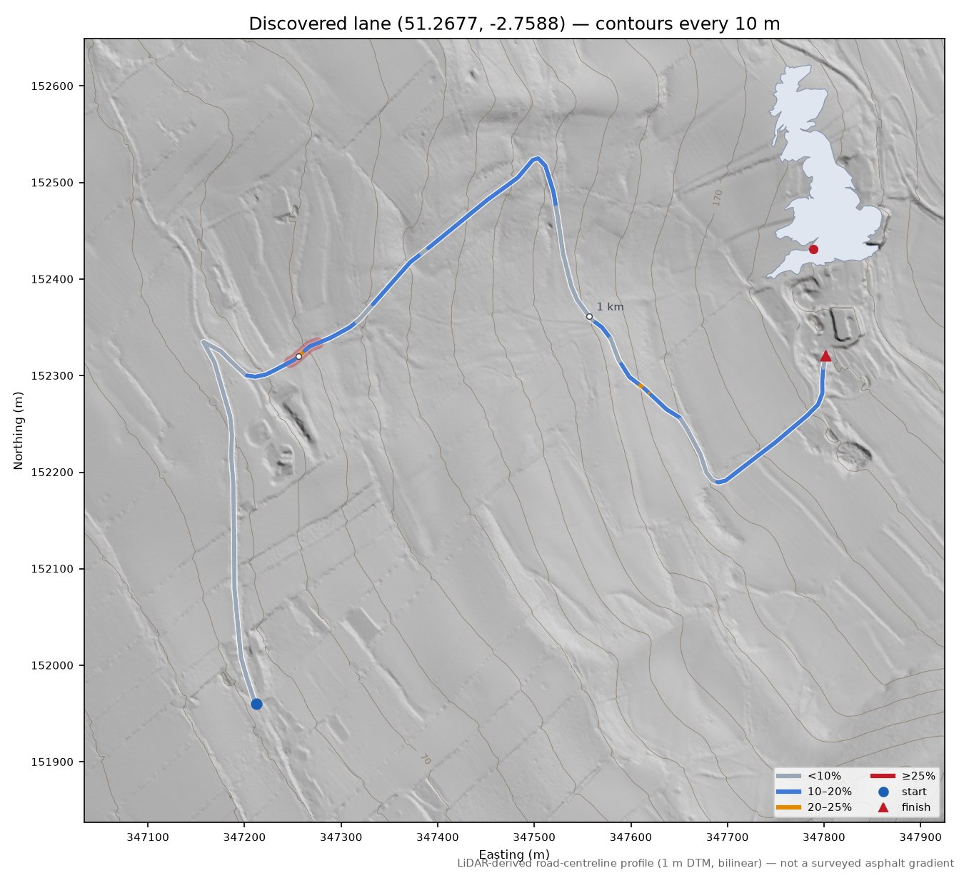Discovered lane (51.2677, -2.7588) LiDAR hillshade map with contours