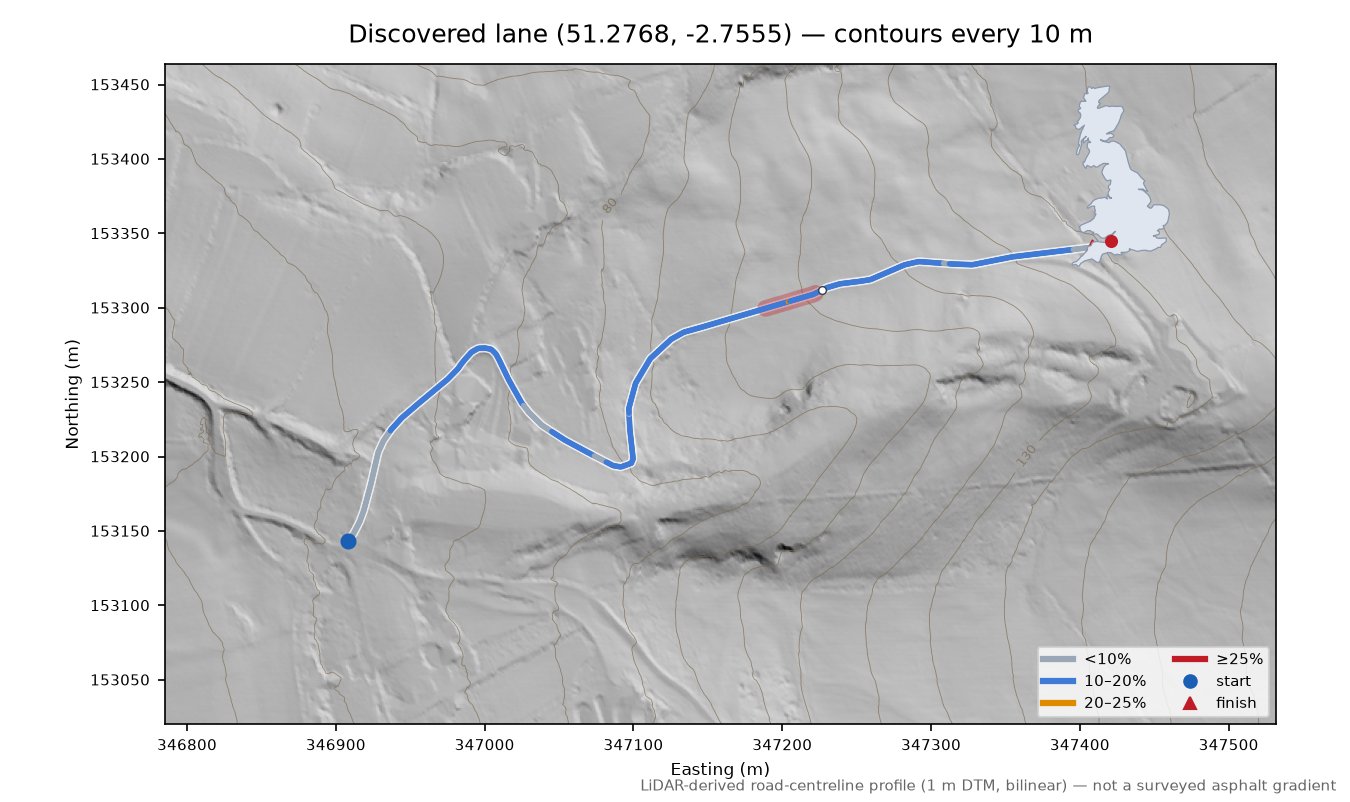 Discovered lane (51.2768, -2.7555) LiDAR hillshade map with contours