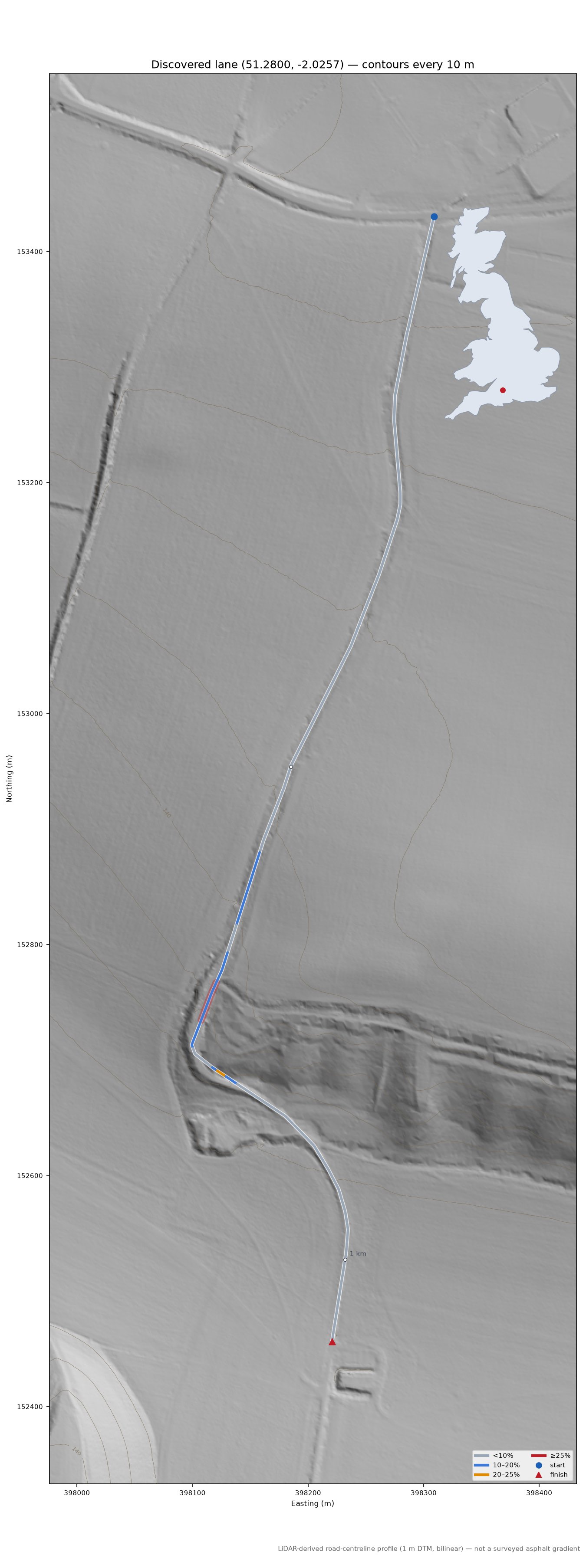 Discovered lane (51.2800, -2.0257) LiDAR hillshade map with contours