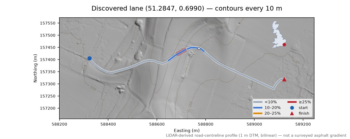 Discovered lane (51.2847, 0.6990) LiDAR hillshade map with contours