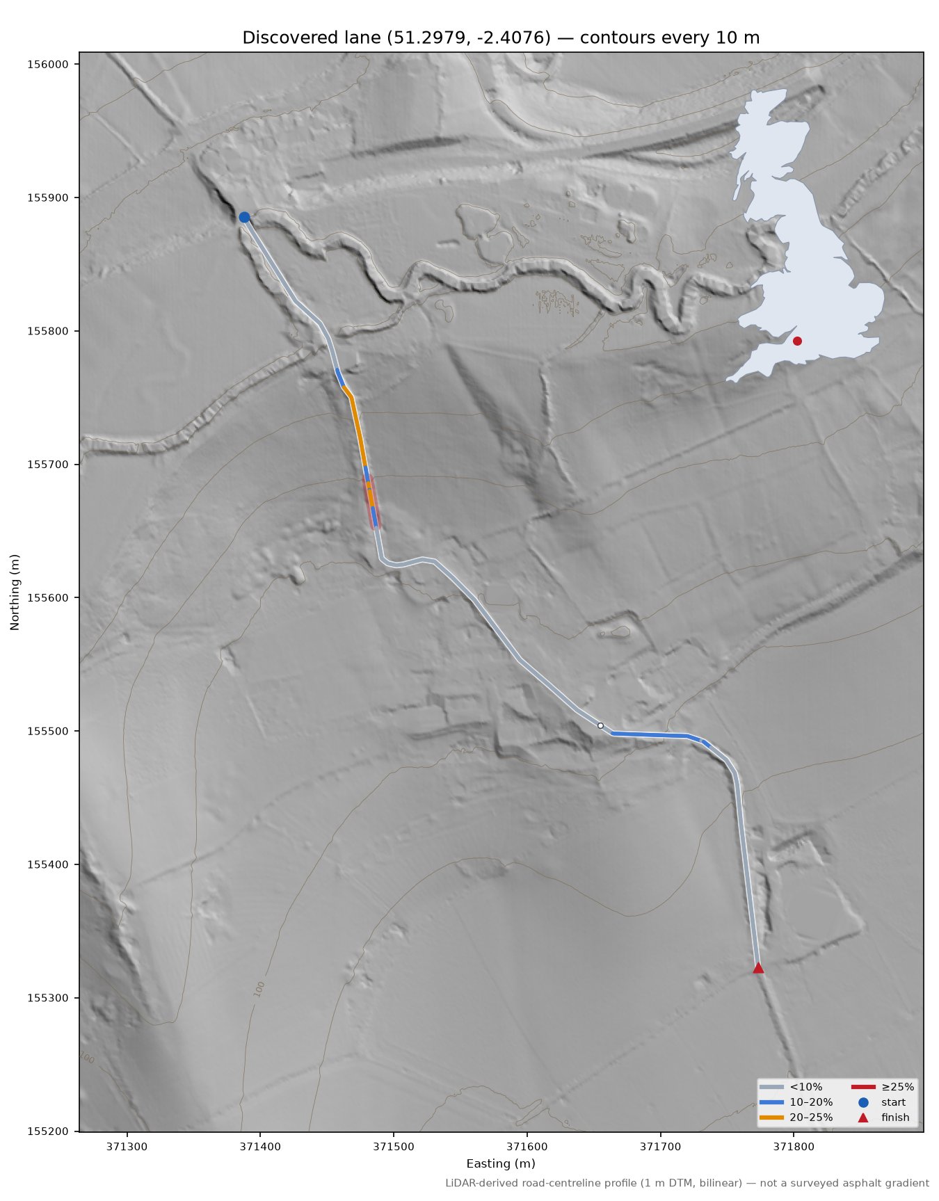 Discovered lane (51.2979, -2.4076) LiDAR hillshade map with contours
