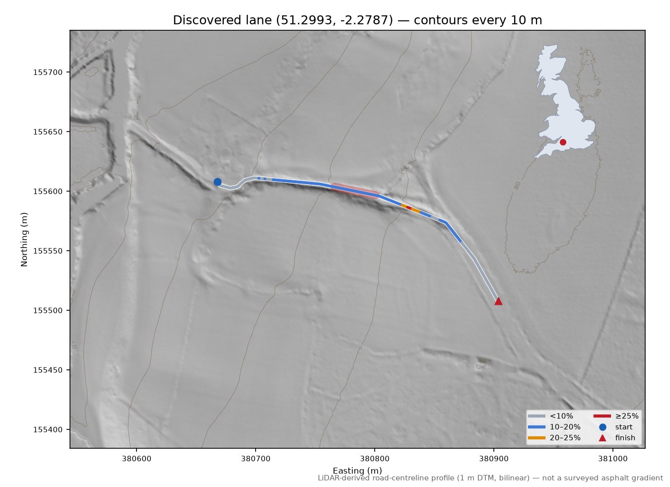 Discovered lane (51.2993, -2.2787) LiDAR hillshade map with contours