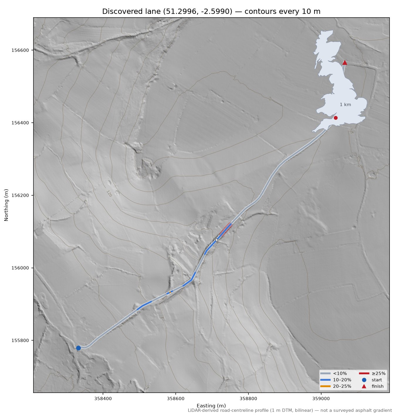 Discovered lane (51.2996, -2.5990) LiDAR hillshade map with contours