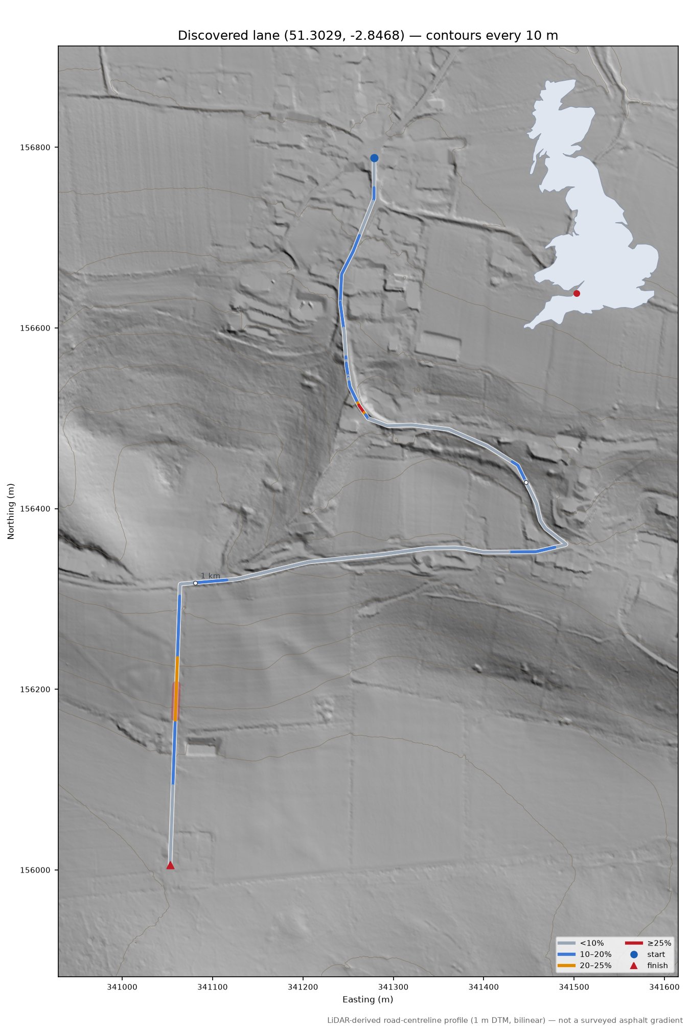 Discovered lane (51.3029, -2.8468) LiDAR hillshade map with contours