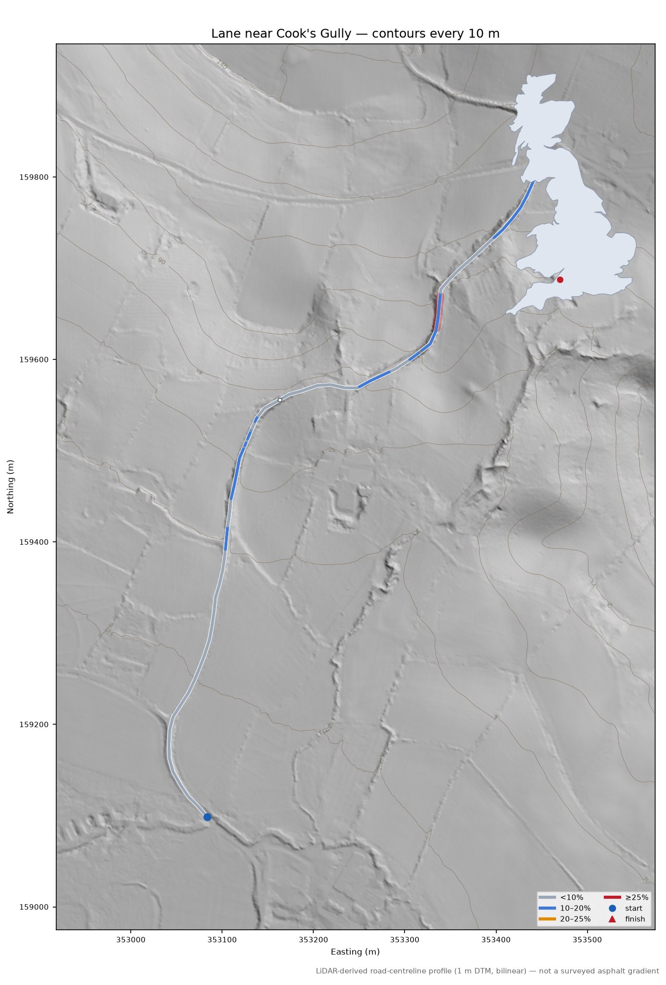 Lane near Cook's Gully LiDAR hillshade map with contours