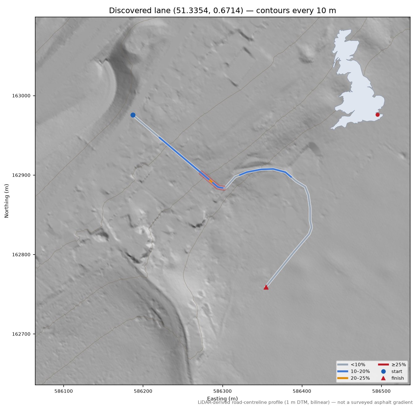 Discovered lane (51.3354, 0.6714) LiDAR hillshade map with contours