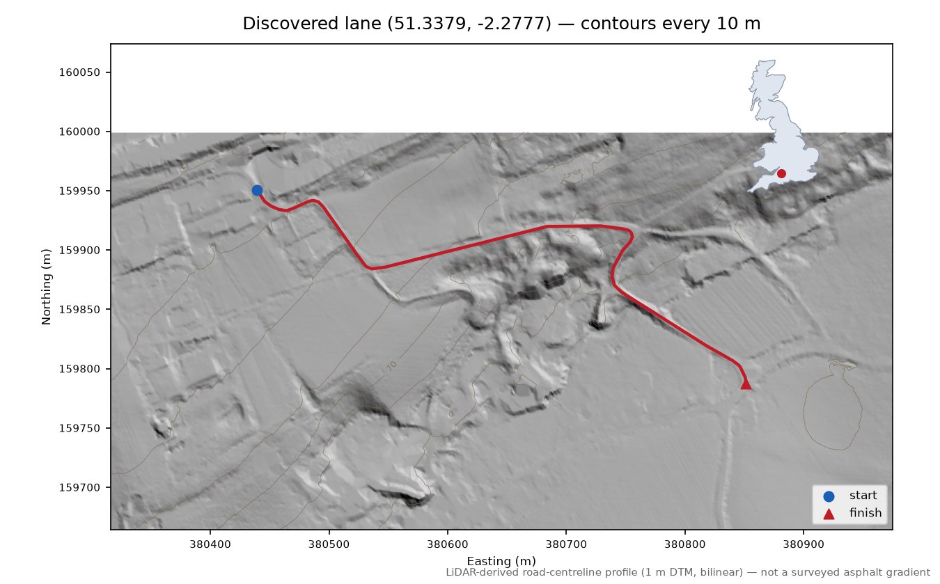 Discovered lane (51.3379, -2.2777) LiDAR hillshade map with contours