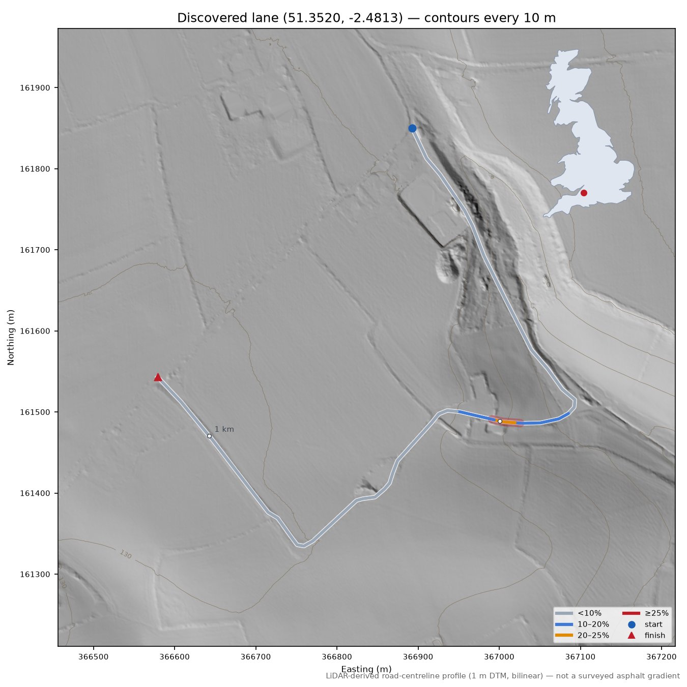 Discovered lane (51.3520, -2.4813) LiDAR hillshade map with contours