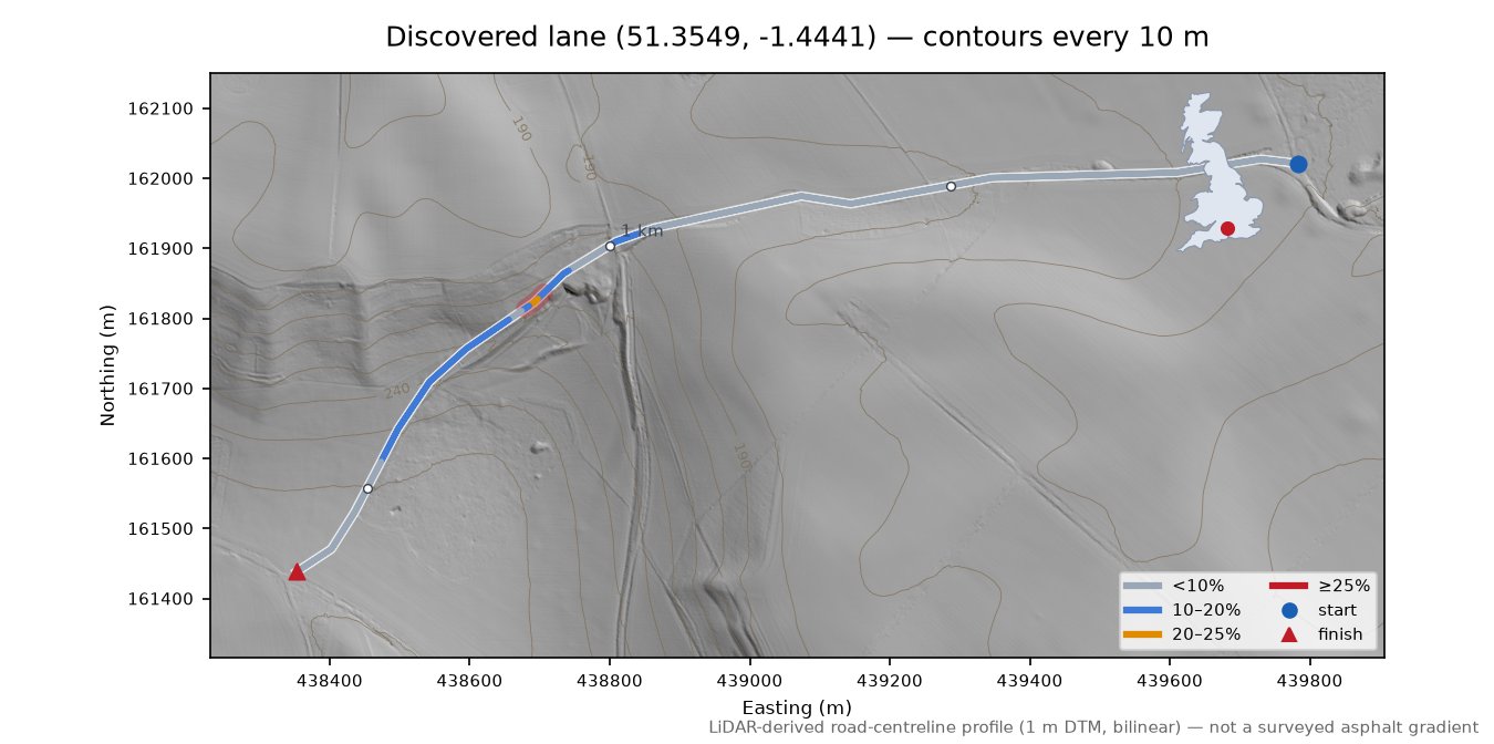 Discovered lane (51.3549, -1.4441) LiDAR hillshade map with contours