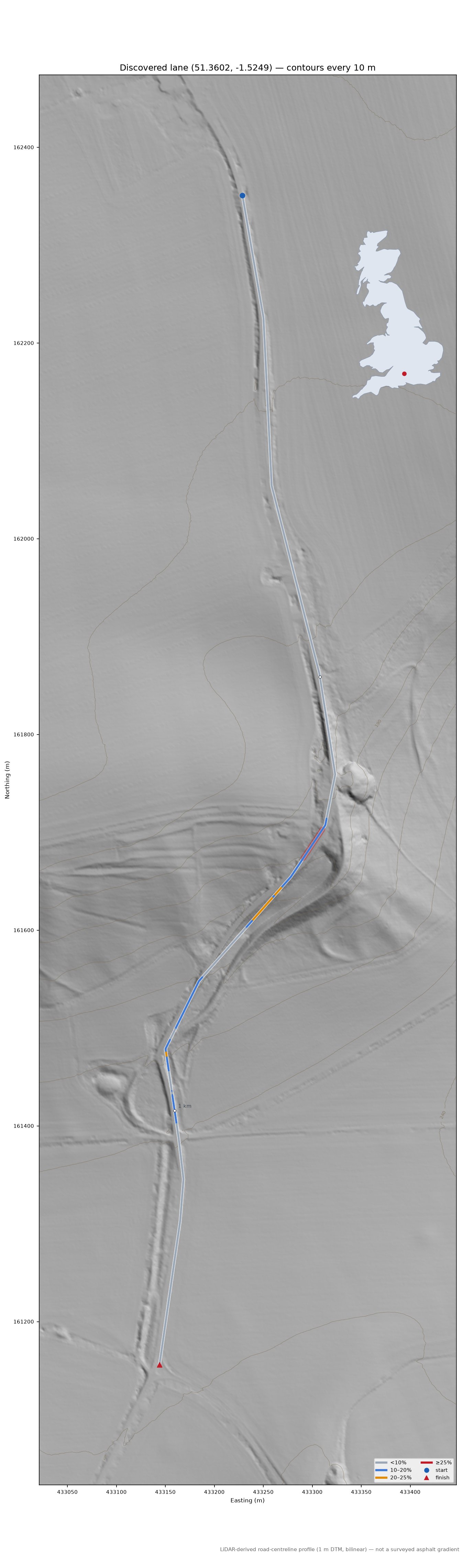 Discovered lane (51.3602, -1.5249) LiDAR hillshade map with contours