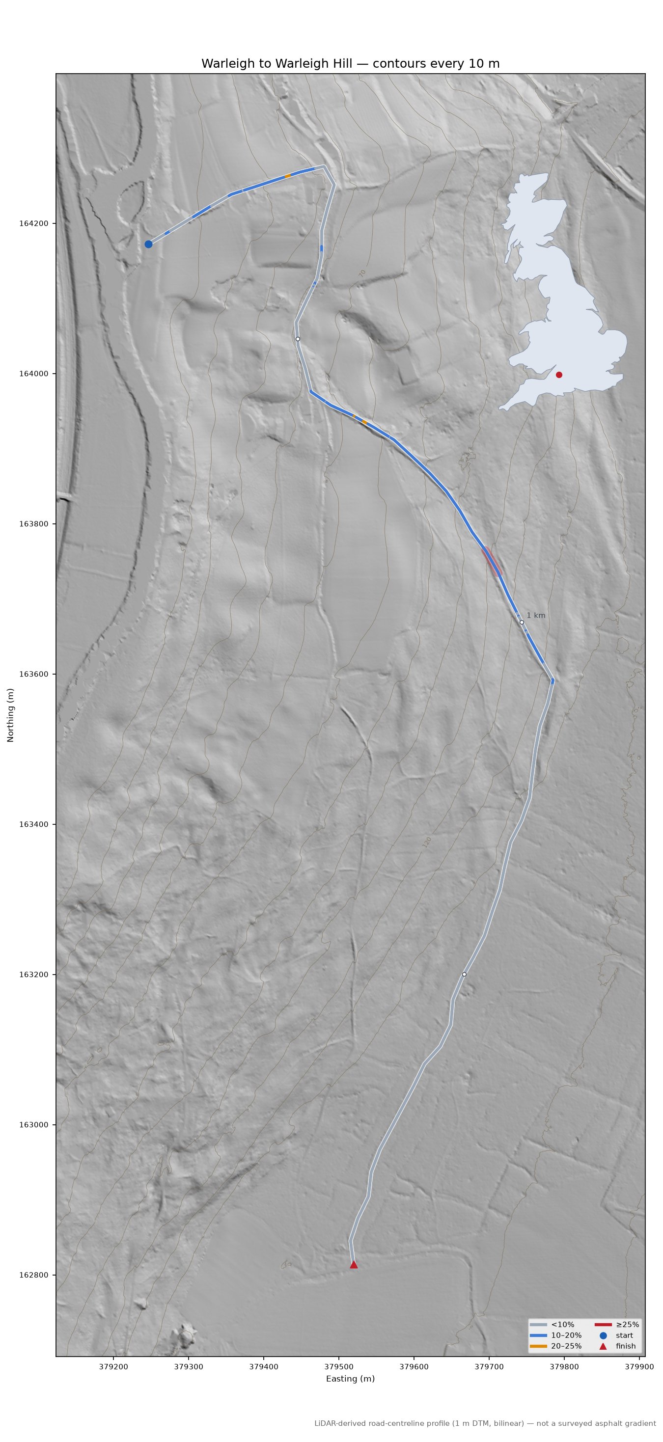 Warleigh to Warleigh Hill LiDAR hillshade map with contours