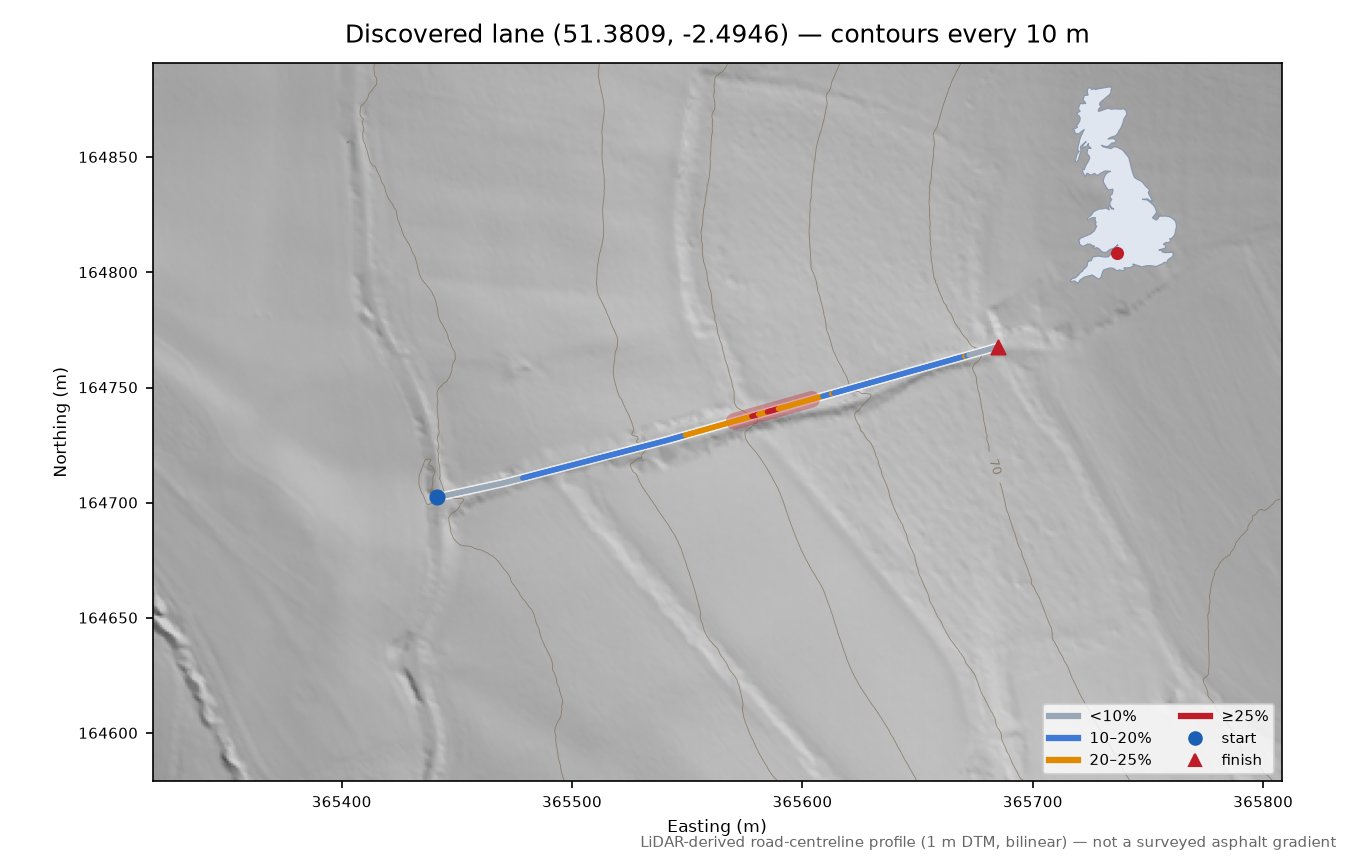 Discovered lane (51.3809, -2.4946) LiDAR hillshade map with contours