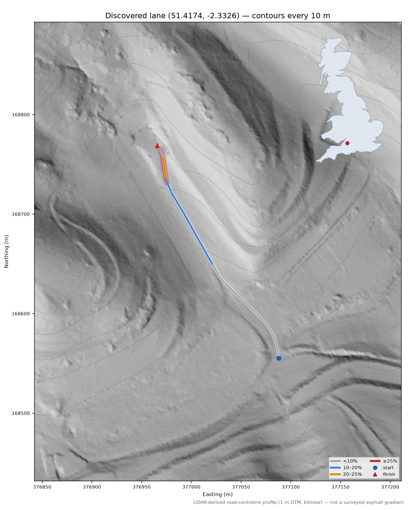 Discovered lane (51.4174, -2.3326) LiDAR hillshade map with contours