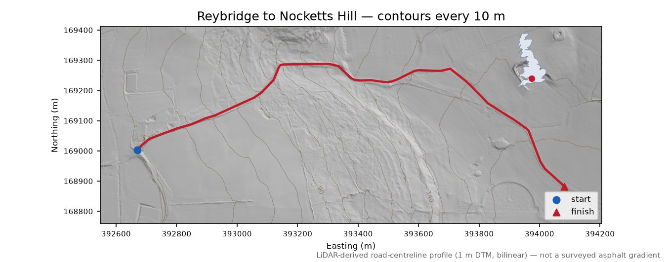 Reybridge to Nocketts Hill LiDAR hillshade map with contours