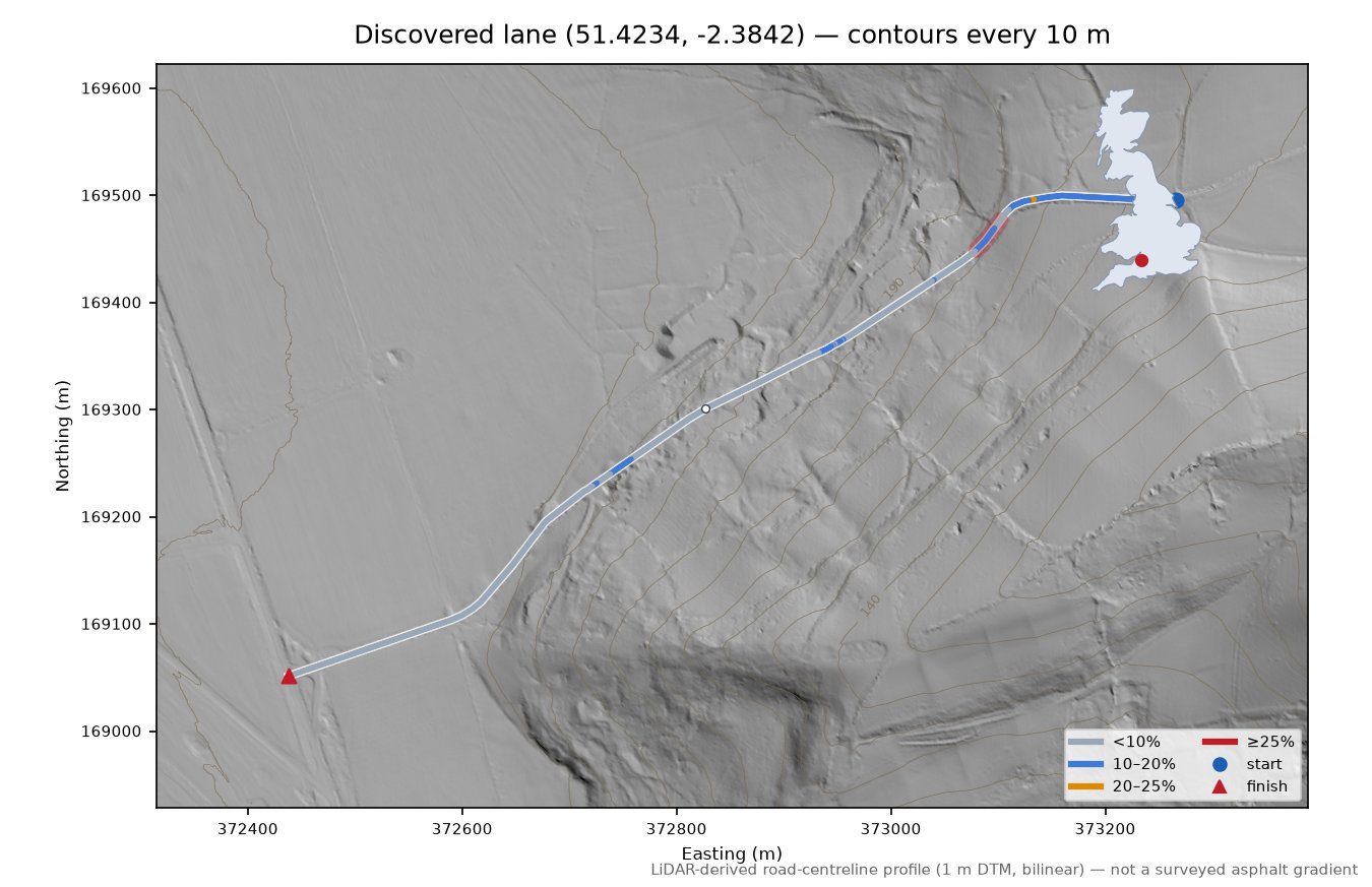 Discovered lane (51.4234, -2.3842) LiDAR hillshade map with contours