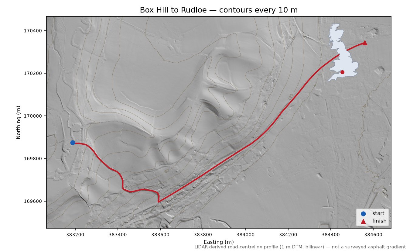 Box Hill to Rudloe LiDAR hillshade map with contours